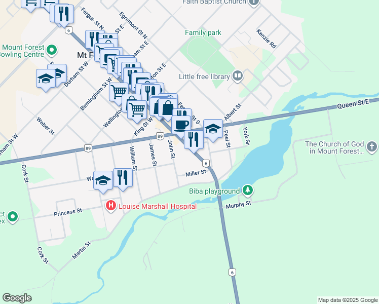 map of restaurants, bars, coffee shops, grocery stores, and more near 349 Main Street South in Mount Forest