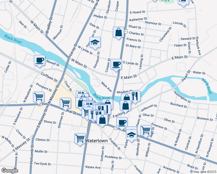 map of restaurants, bars, coffee shops, grocery stores, and more near 144 Main Avenue in Watertown