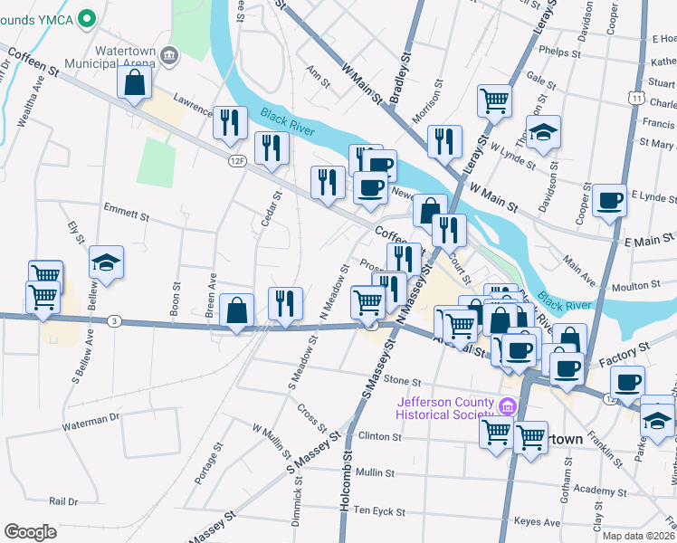 map of restaurants, bars, coffee shops, grocery stores, and more near 157 North Meadow Street in Watertown