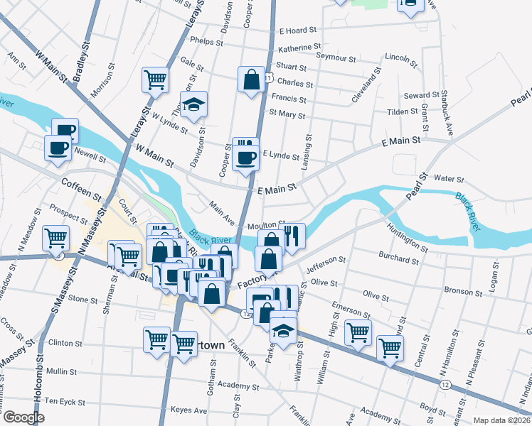 map of restaurants, bars, coffee shops, grocery stores, and more near 135 Grove Street in Watertown