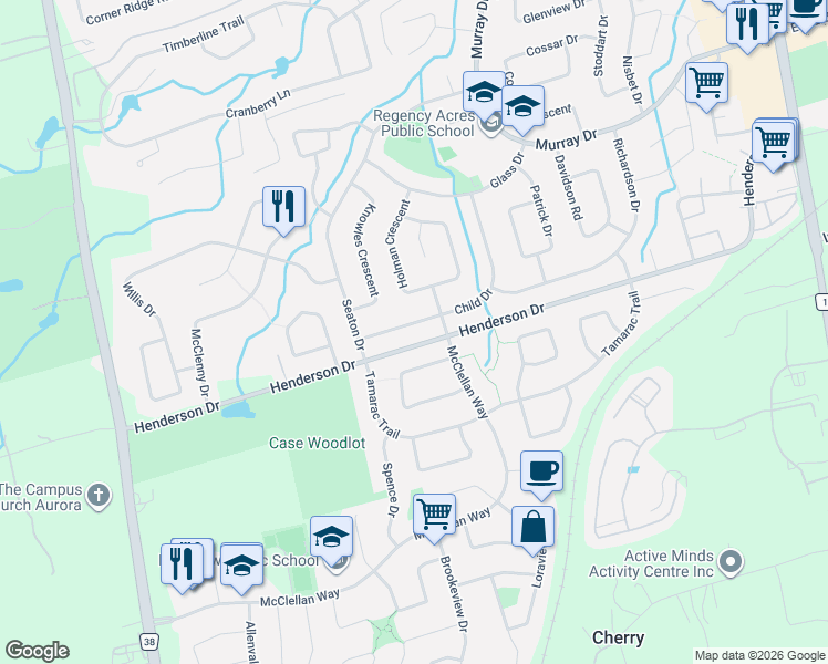 map of restaurants, bars, coffee shops, grocery stores, and more near 67 Child Drive in Aurora