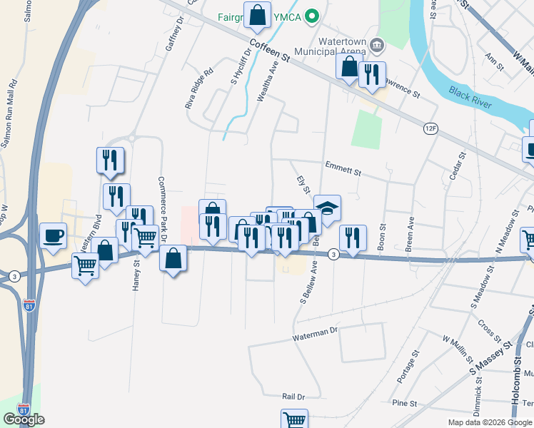 map of restaurants, bars, coffee shops, grocery stores, and more near 147 Palmer Street in Watertown