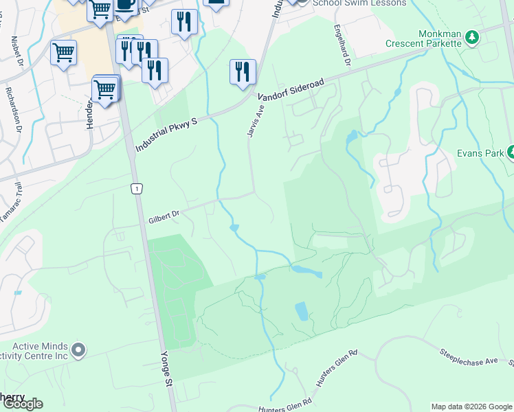 map of restaurants, bars, coffee shops, grocery stores, and more near 9 Gilbert Drive in Aurora