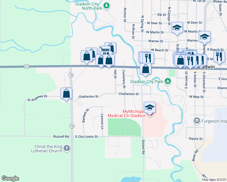 map of restaurants, bars, coffee shops, grocery stores, and more near 1102 Chatterton Street in Gladwin