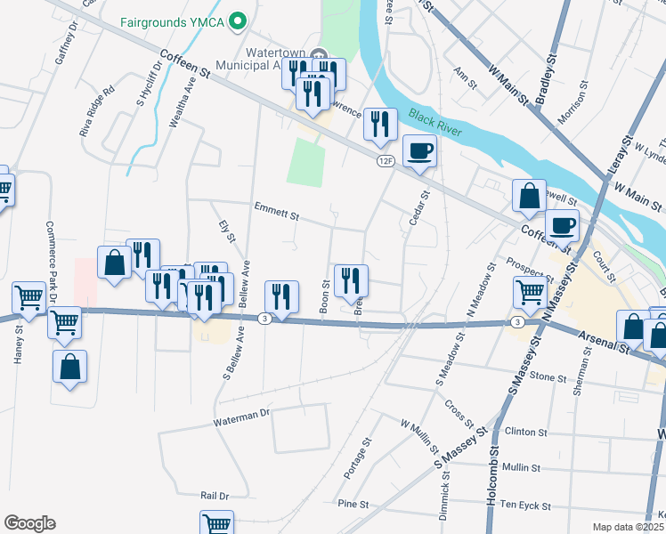 map of restaurants, bars, coffee shops, grocery stores, and more near 154 Boon Street in Watertown