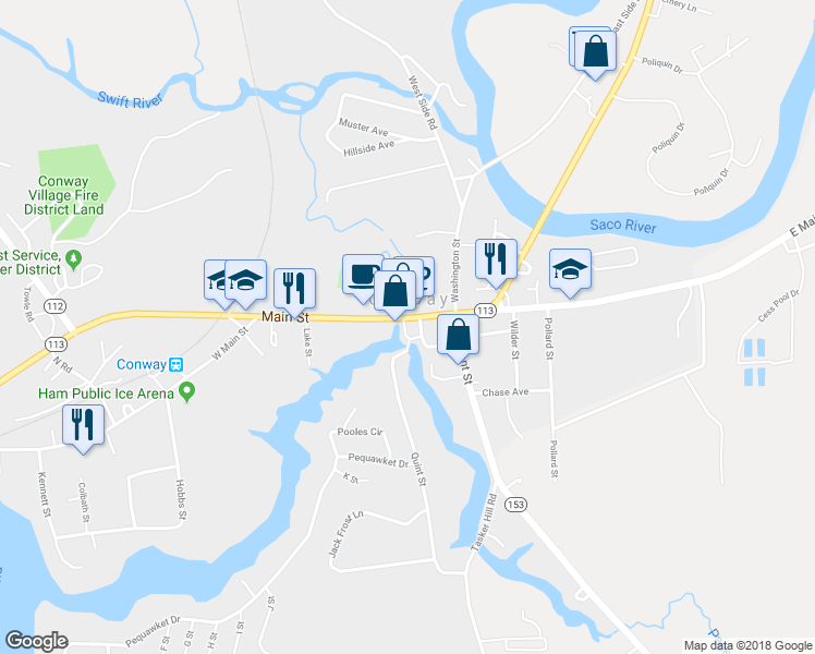 map of restaurants, bars, coffee shops, grocery stores, and more near 46 Main Street in Conway
