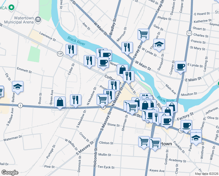 map of restaurants, bars, coffee shops, grocery stores, and more near 204 North Orchard Street in Watertown