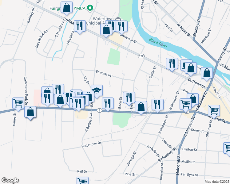map of restaurants, bars, coffee shops, grocery stores, and more near 157 Boon St in Watertown