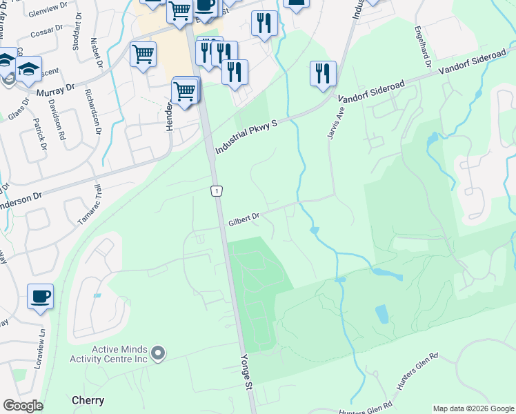 map of restaurants, bars, coffee shops, grocery stores, and more near 2 Gilbert Drive in Aurora