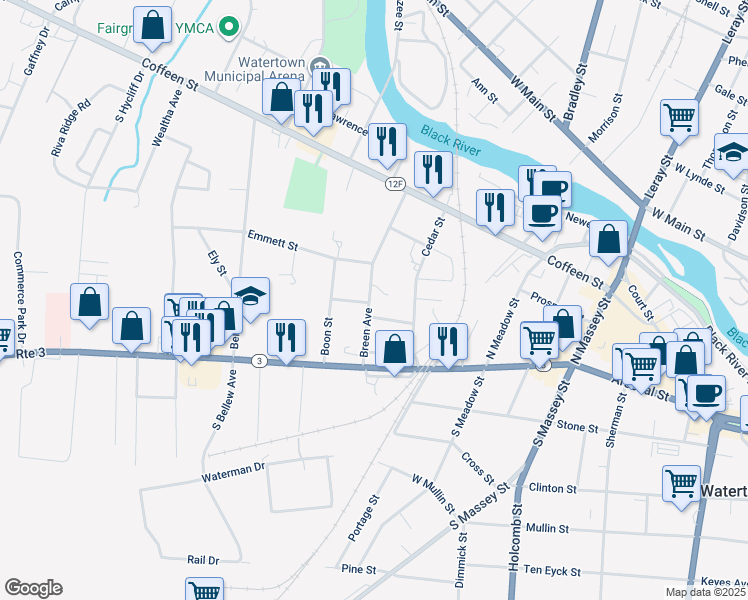 map of restaurants, bars, coffee shops, grocery stores, and more near 154 Breen Avenue in Watertown