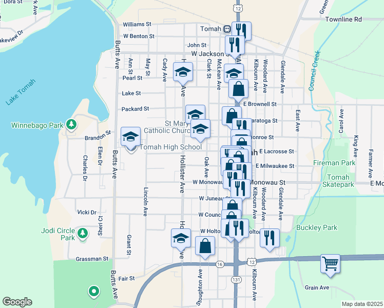 map of restaurants, bars, coffee shops, grocery stores, and more near 320 West Lacrosse Street in Tomah