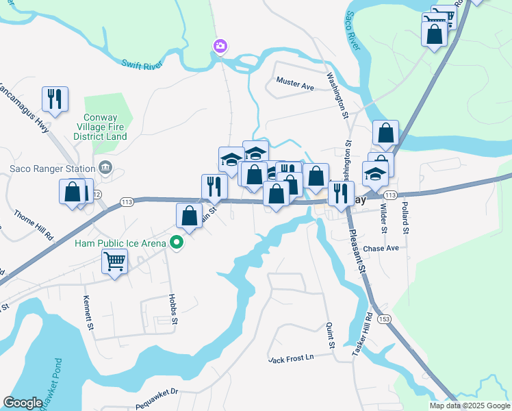 map of restaurants, bars, coffee shops, grocery stores, and more near 21 Lake Street in Conway