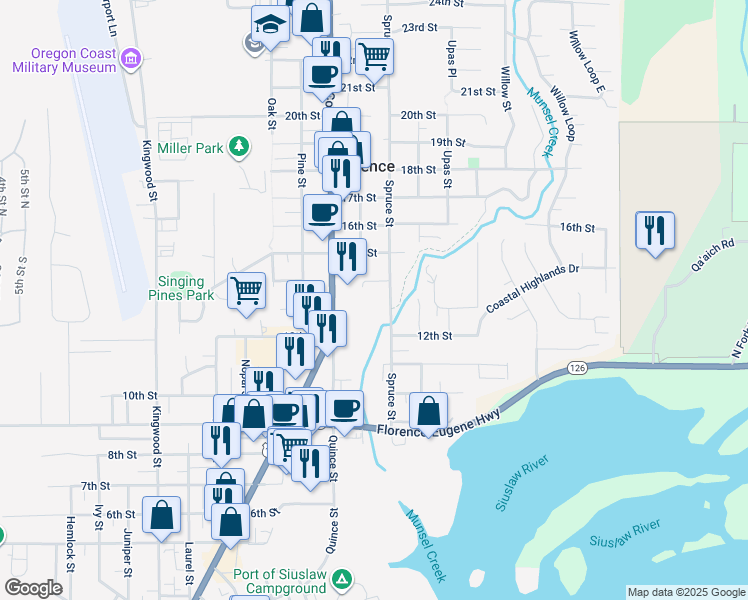 map of restaurants, bars, coffee shops, grocery stores, and more near 1365 Spruce Street in Florence