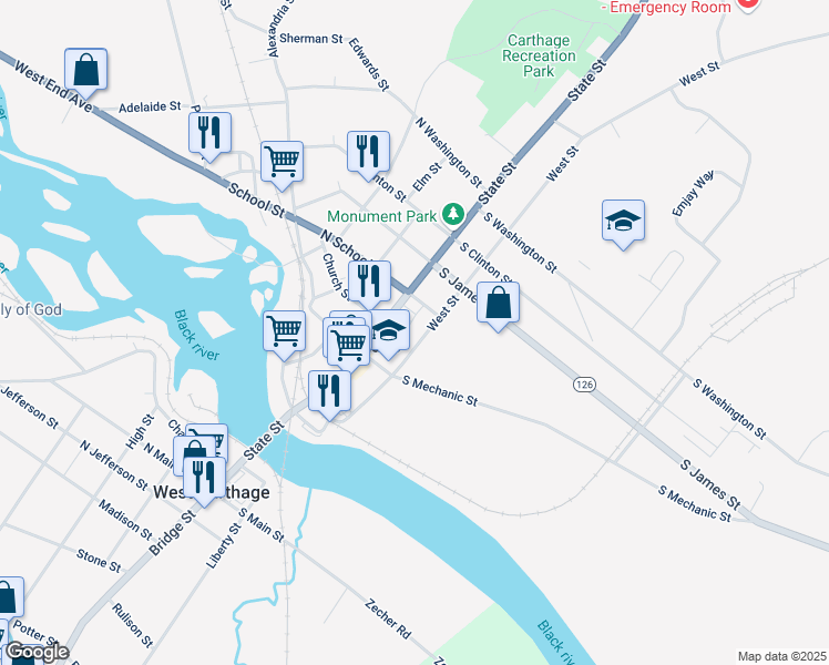 map of restaurants, bars, coffee shops, grocery stores, and more near 409 West Street in Carthage