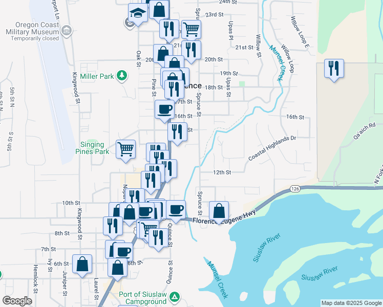 map of restaurants, bars, coffee shops, grocery stores, and more near 1365 Spruce Street in Florence