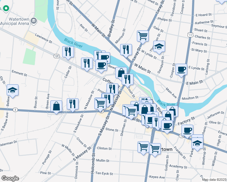 map of restaurants, bars, coffee shops, grocery stores, and more near 203 North Massey Street in Watertown