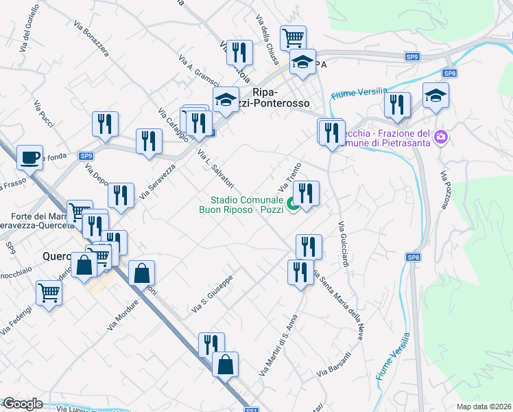 map of restaurants, bars, coffee shops, grocery stores, and more near 423 Via L. Salvatori in Ripa- Pozzi-Ponterosso