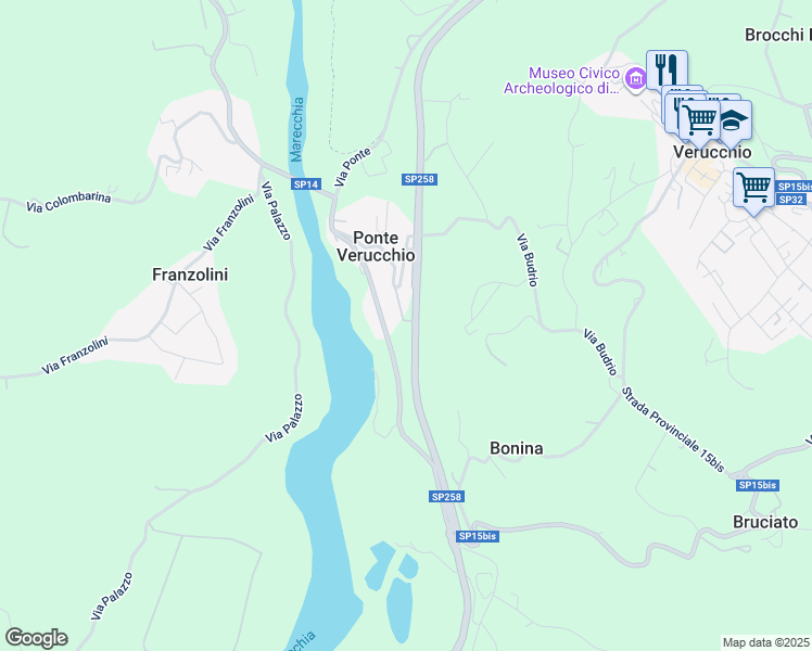 map of restaurants, bars, coffee shops, grocery stores, and more near 54 Via Marecchiese in Ponte Verucchio