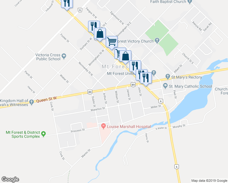 map of restaurants, bars, coffee shops, grocery stores, and more near 311 William Street in Mount Forest