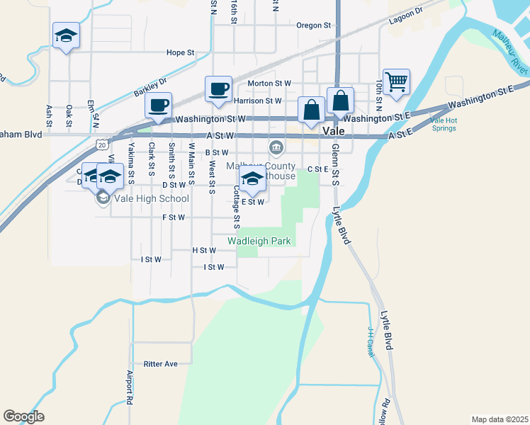 map of restaurants, bars, coffee shops, grocery stores, and more near 403 E Street West in Vale