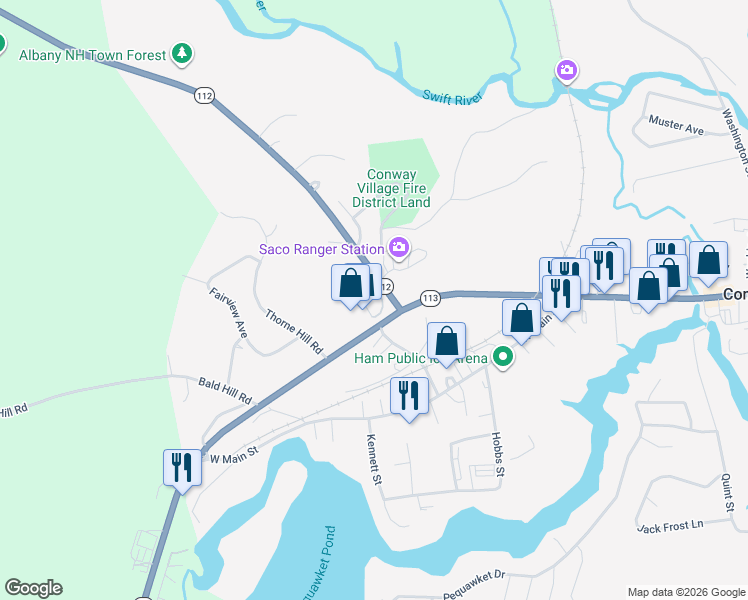 map of restaurants, bars, coffee shops, grocery stores, and more near 55 Towle Road in Conway