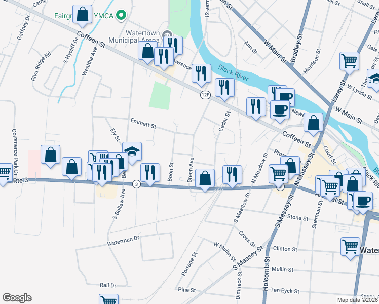 map of restaurants, bars, coffee shops, grocery stores, and more near 154 Breen Avenue in Watertown