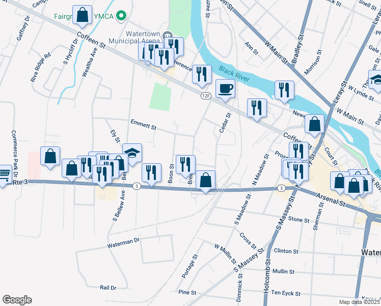 map of restaurants, bars, coffee shops, grocery stores, and more near 154 Breen Avenue in Watertown