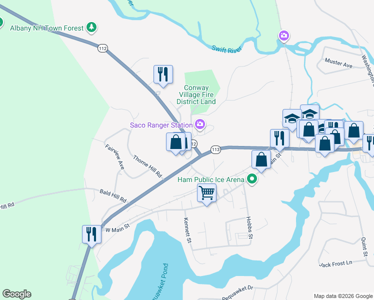 map of restaurants, bars, coffee shops, grocery stores, and more near 55 Towle Road in Conway