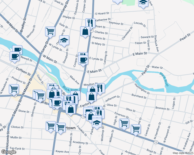 map of restaurants, bars, coffee shops, grocery stores, and more near 93 Maywood Terrace in Watertown
