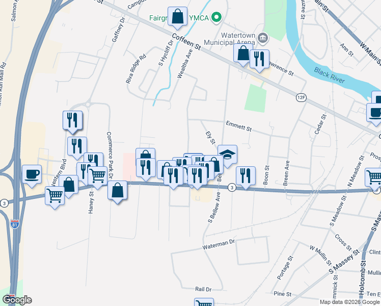 map of restaurants, bars, coffee shops, grocery stores, and more near 147 Palmer Street in Watertown