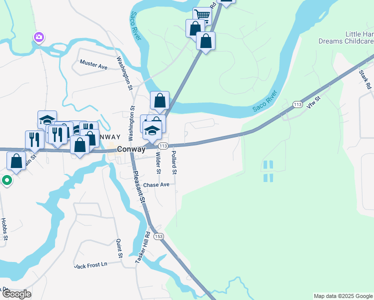 map of restaurants, bars, coffee shops, grocery stores, and more near 125 East Main Street in Conway