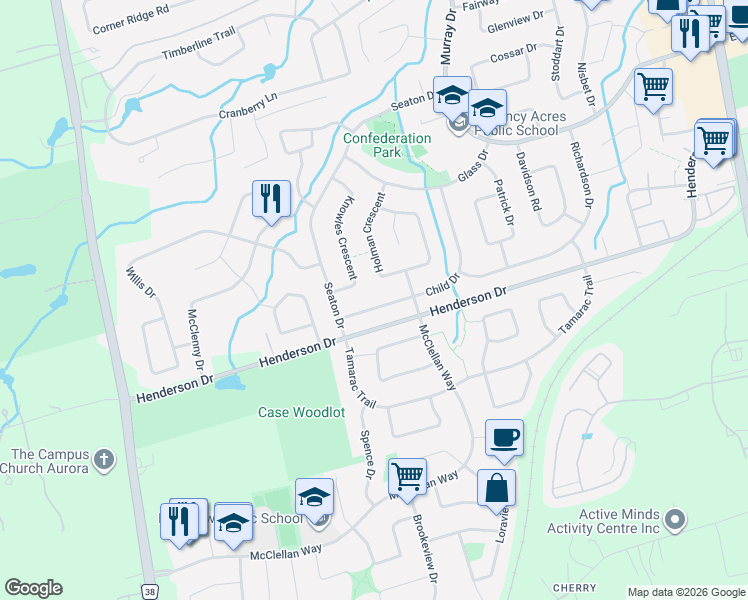 map of restaurants, bars, coffee shops, grocery stores, and more near 69 Child Drive in Aurora