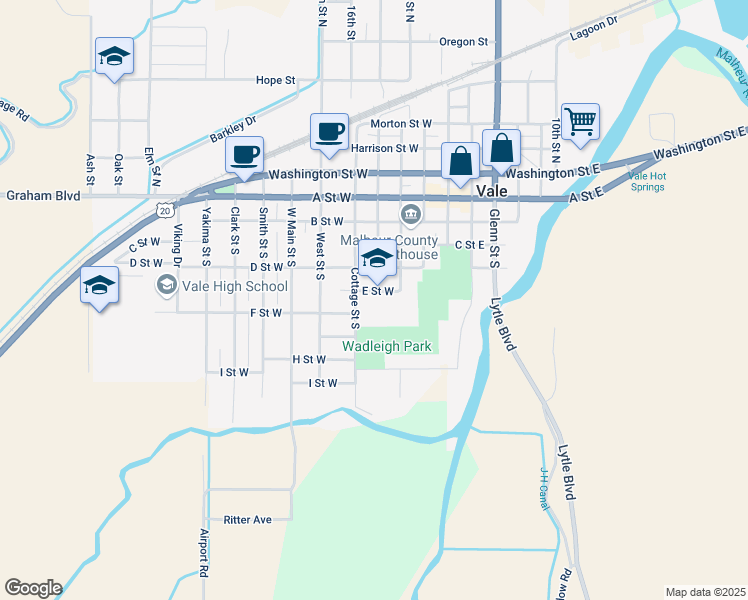 map of restaurants, bars, coffee shops, grocery stores, and more near 403 E Street West in Vale