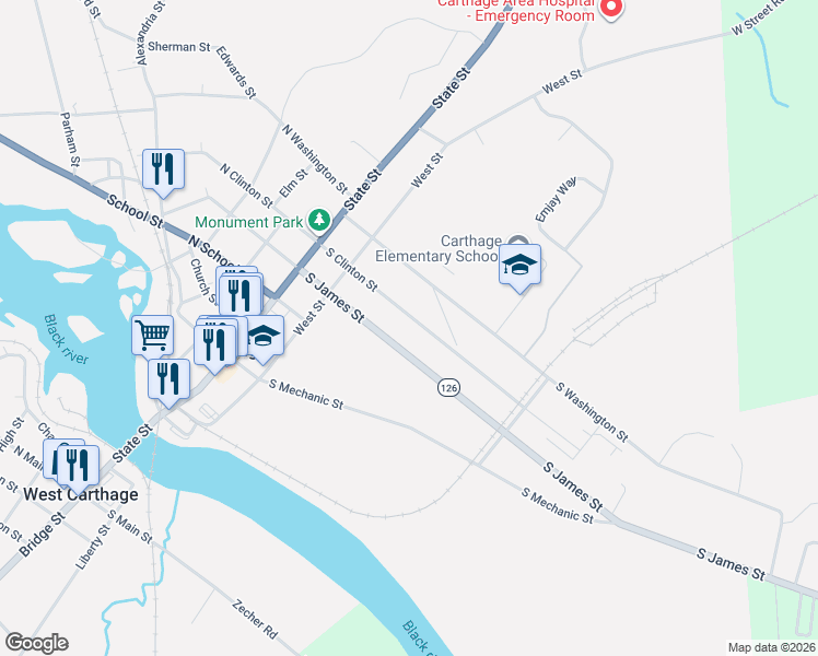 map of restaurants, bars, coffee shops, grocery stores, and more near 329 South James Street in Carthage