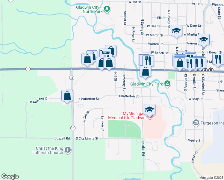 map of restaurants, bars, coffee shops, grocery stores, and more near 1102 Chatterton Street in Gladwin
