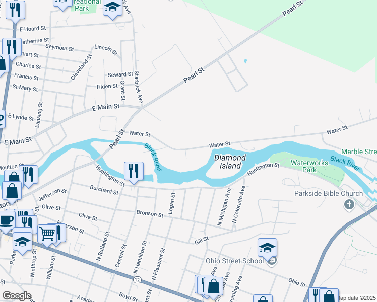map of restaurants, bars, coffee shops, grocery stores, and more near 644 Water Street in Watertown