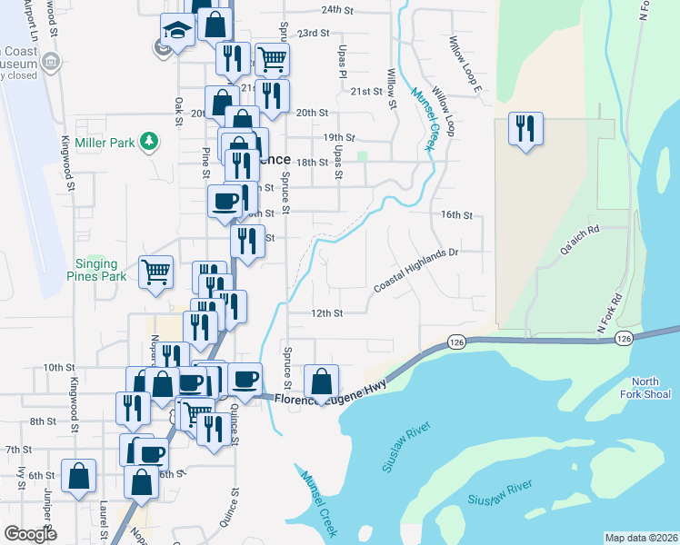 map of restaurants, bars, coffee shops, grocery stores, and more near 2203 13th Street in Florence