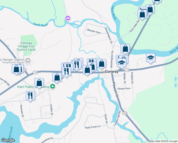 map of restaurants, bars, coffee shops, grocery stores, and more near 100 Main Street in Conway
