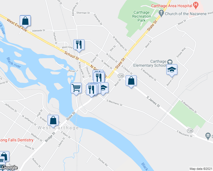 map of restaurants, bars, coffee shops, grocery stores, and more near 410 State Street in Carthage