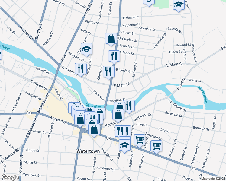 map of restaurants, bars, coffee shops, grocery stores, and more near 135 Grove Street in Watertown