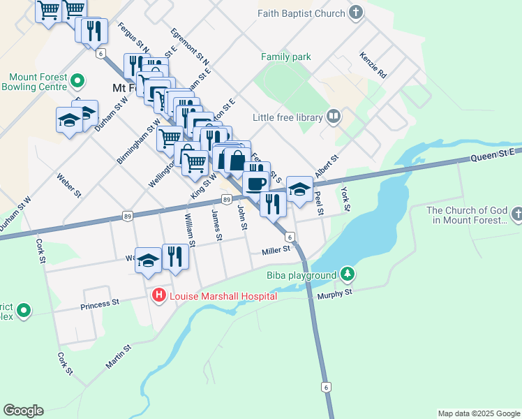 map of restaurants, bars, coffee shops, grocery stores, and more near 360 Main Street South in Mount Forest
