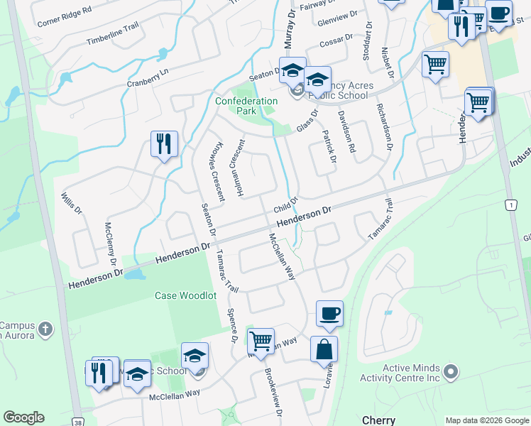 map of restaurants, bars, coffee shops, grocery stores, and more near Child Drive in Aurora