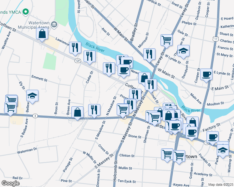 map of restaurants, bars, coffee shops, grocery stores, and more near 622 Prospect Street in Watertown