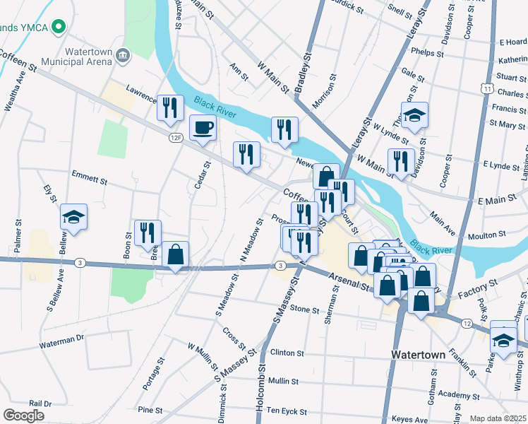 map of restaurants, bars, coffee shops, grocery stores, and more near North Meadow Street & Prospect Street in Watertown