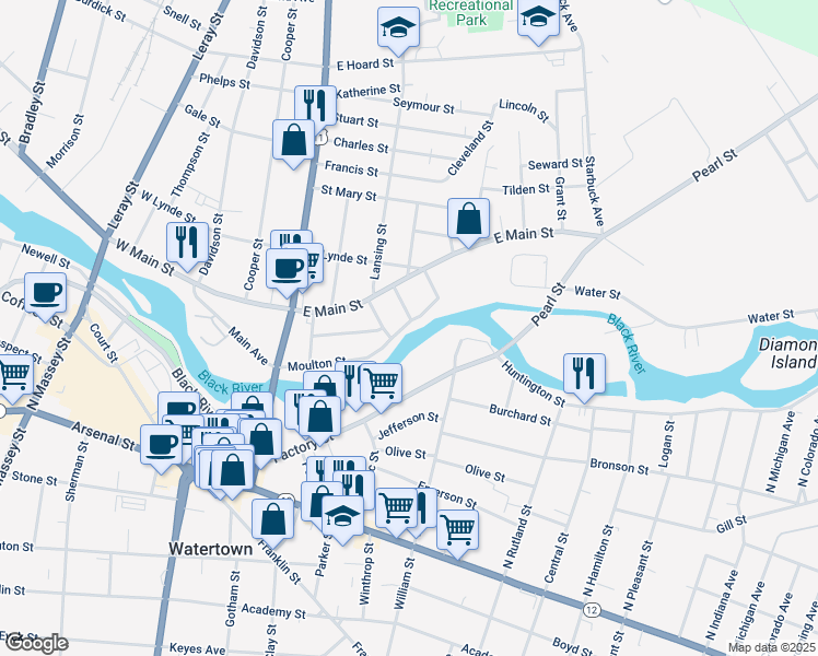 map of restaurants, bars, coffee shops, grocery stores, and more near 245 Washington Street in Watertown