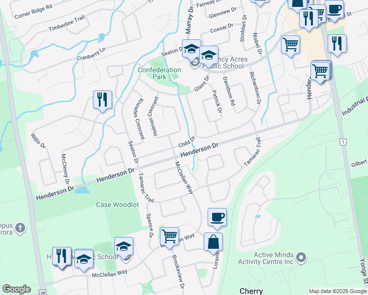 map of restaurants, bars, coffee shops, grocery stores, and more near 47 Child Drive in Aurora