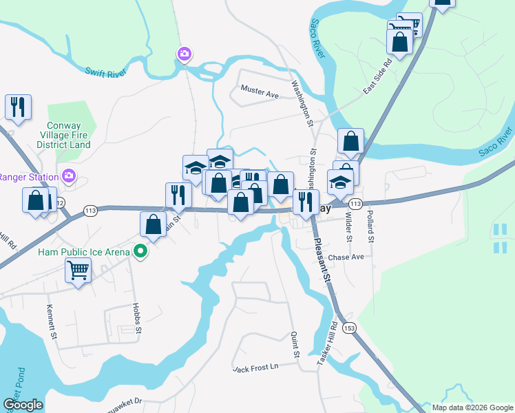map of restaurants, bars, coffee shops, grocery stores, and more near 100 Main Street in Conway