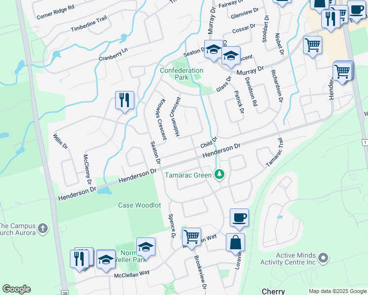 map of restaurants, bars, coffee shops, grocery stores, and more near 60 Child Drive in Aurora