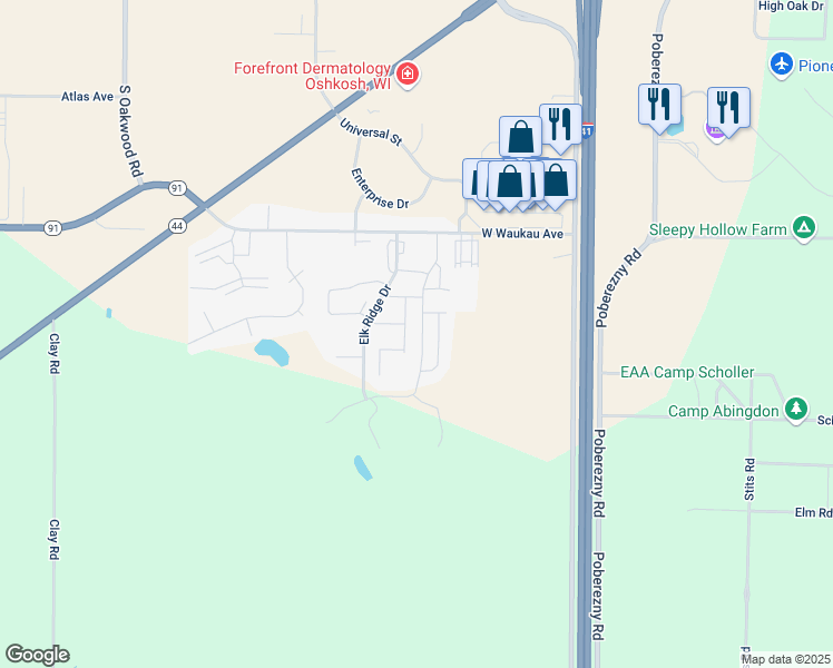 map of restaurants, bars, coffee shops, grocery stores, and more near 3190 White Tail Lane in Oshkosh