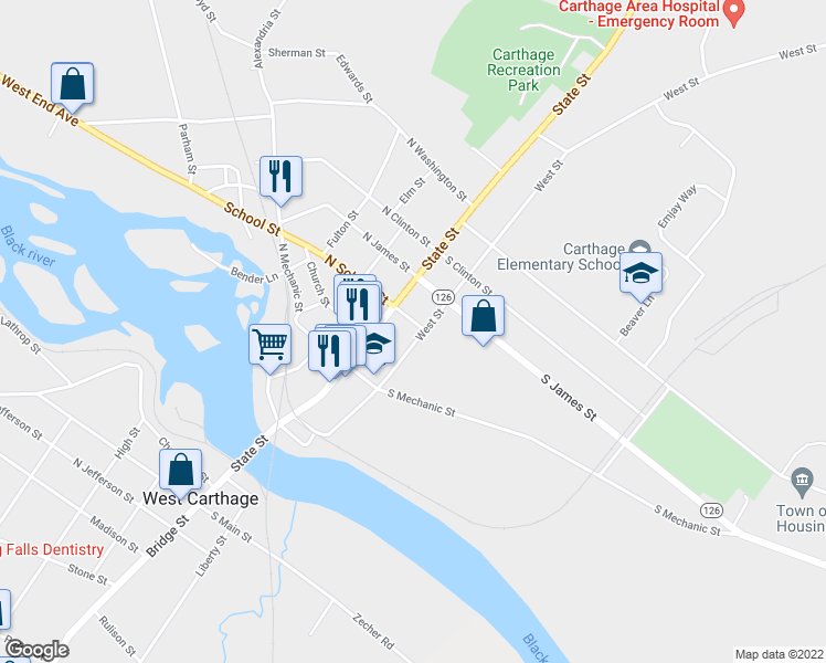 map of restaurants, bars, coffee shops, grocery stores, and more near 423 West Street in Carthage